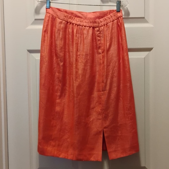 Vintage Maggy London Salmon Orange 100% Linen Skirt Floral Vibrant Boho Size 12 - Picture 2 of 5